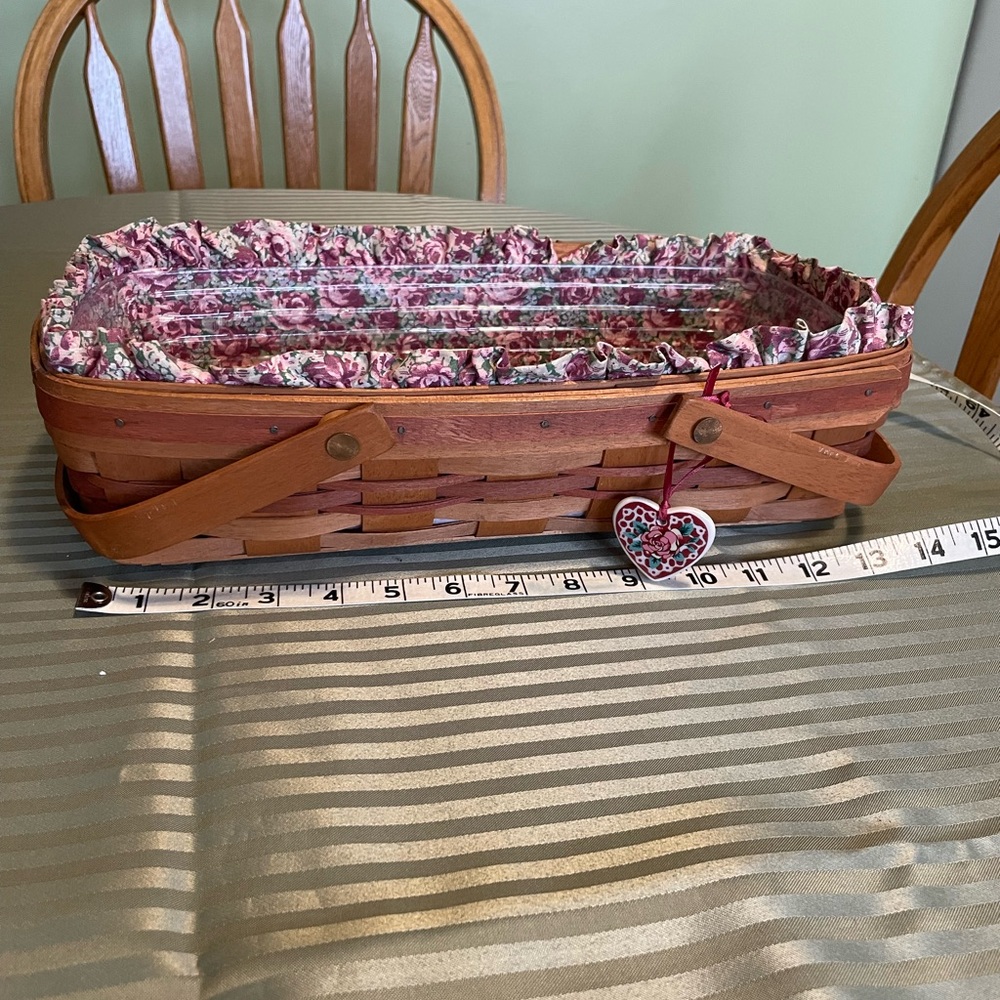 Longaberger Wood Basket with Pink Floral Fabric Liner